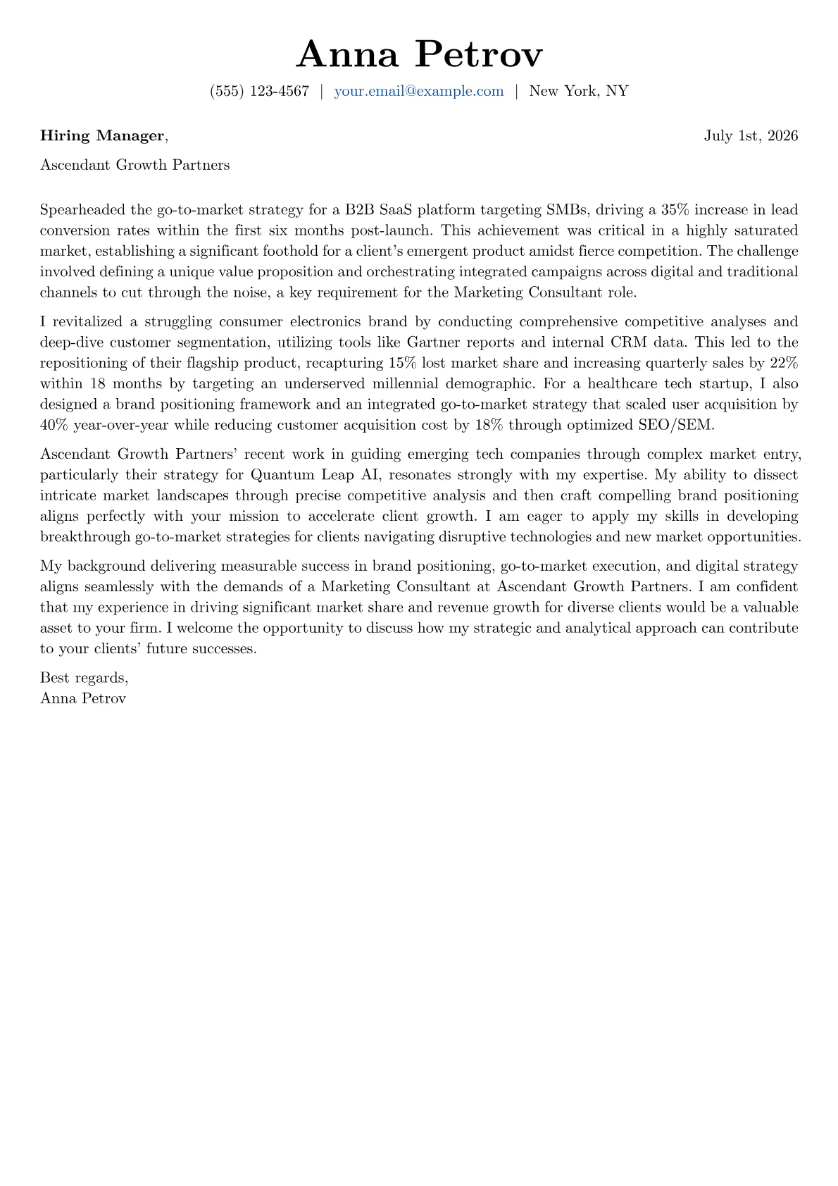 Marketing Consultant cover letter formatted with a JobSprout template