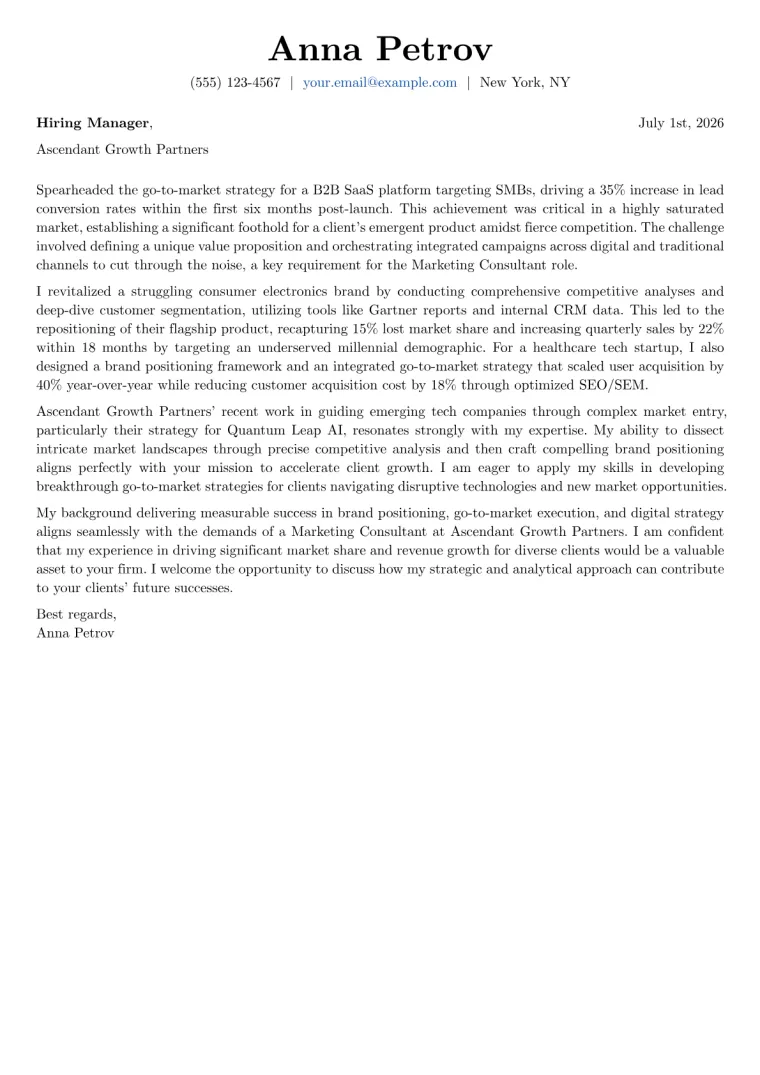 Marketing Consultant cover letter example preview