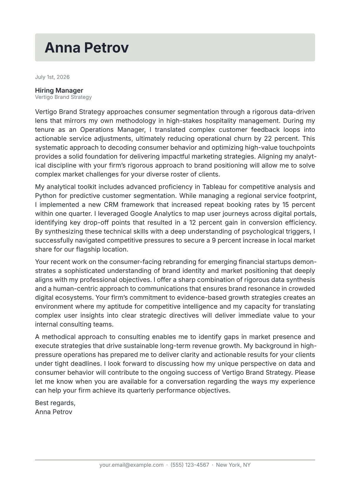 Marketing Consultant cover letter in the Letterhead design