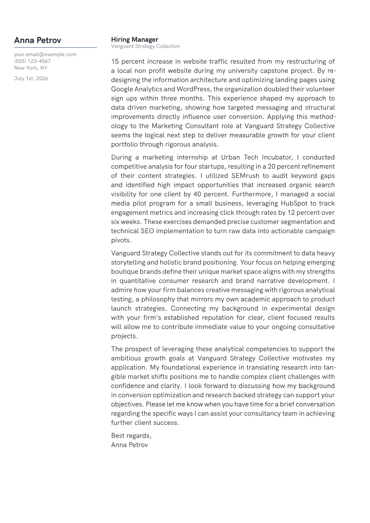 Marketing Consultant cover letter in the Margin design