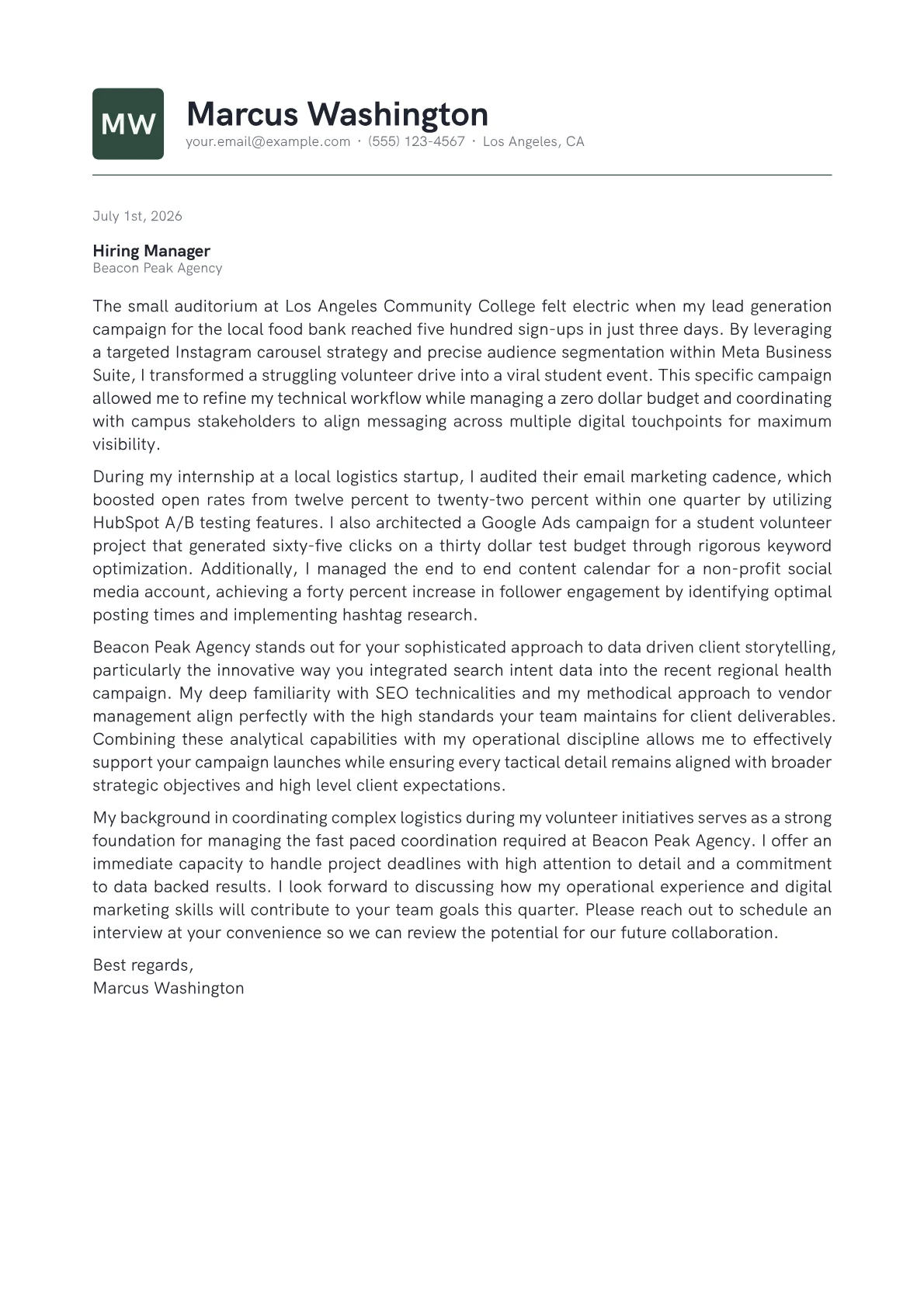 Marketing Coordinator cover letter in the Emblem design