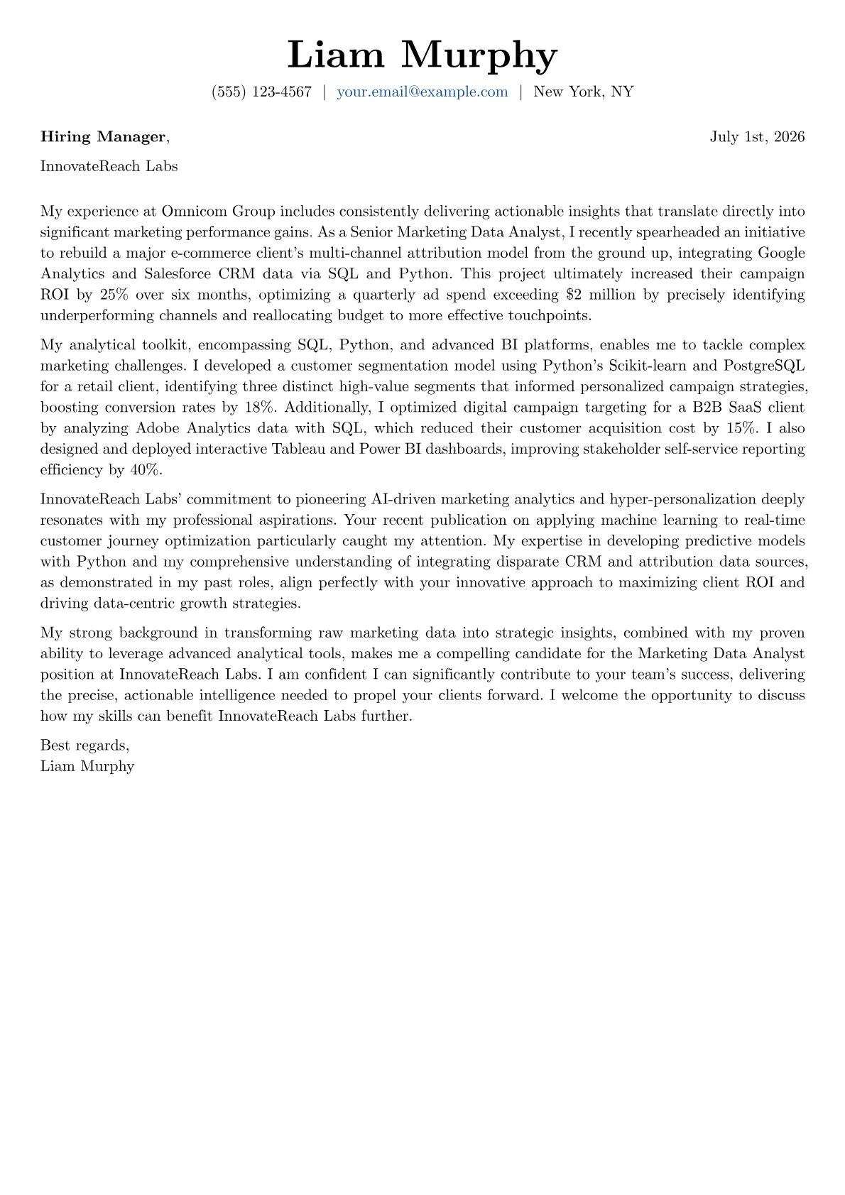 Marketing Data Analyst cover letter formatted with a JobSprout template