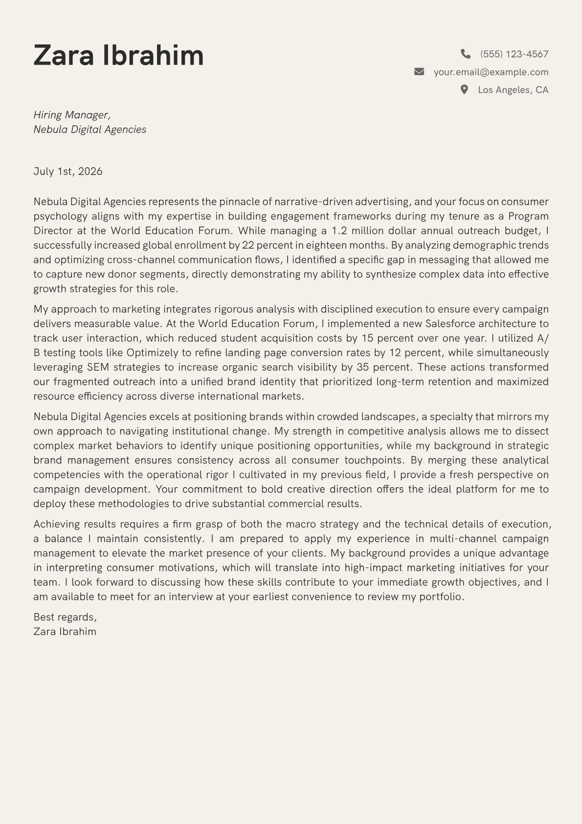 Marketing Director cover letter in the Creative design