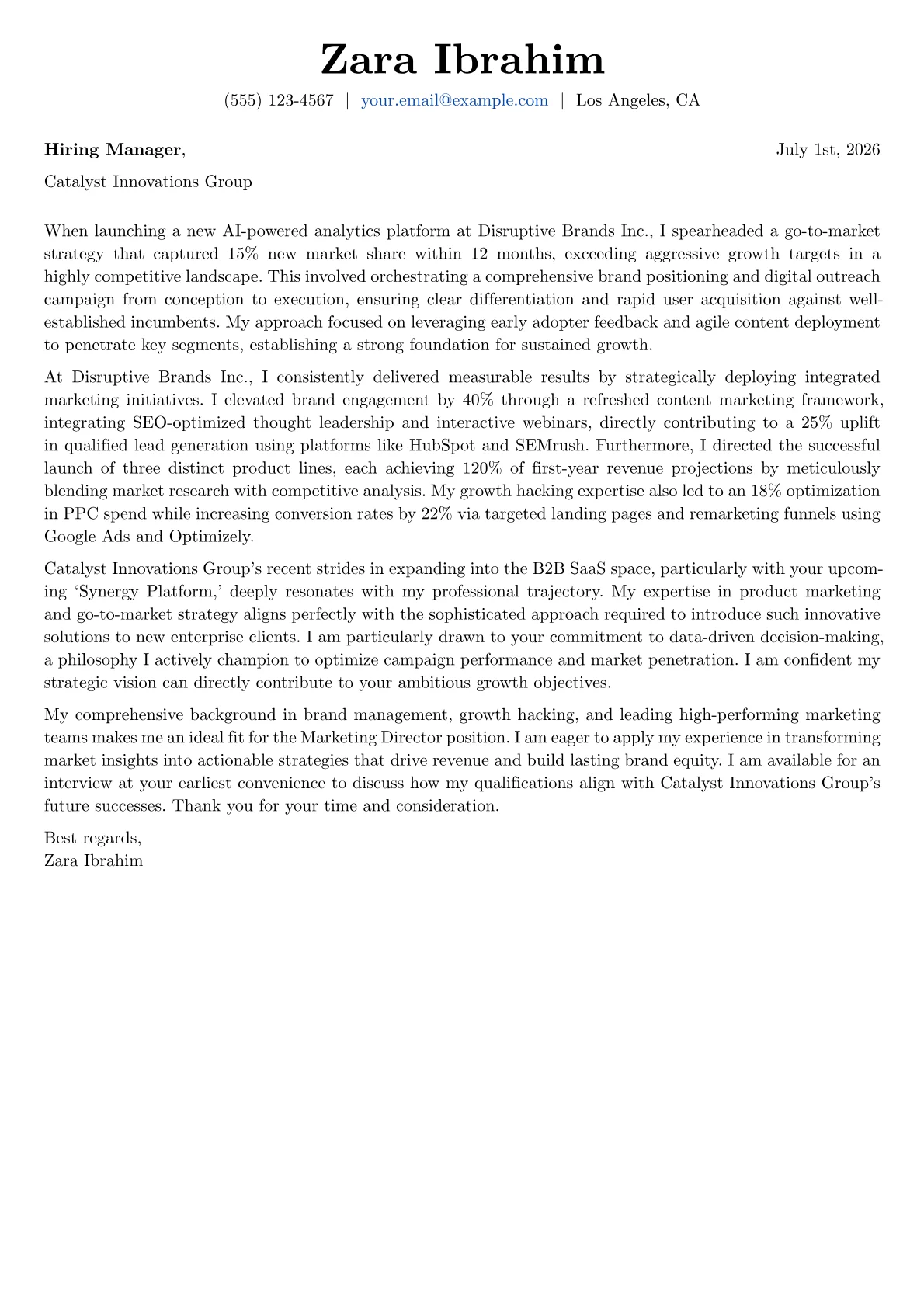 Marketing Director cover letter formatted with a JobSprout template