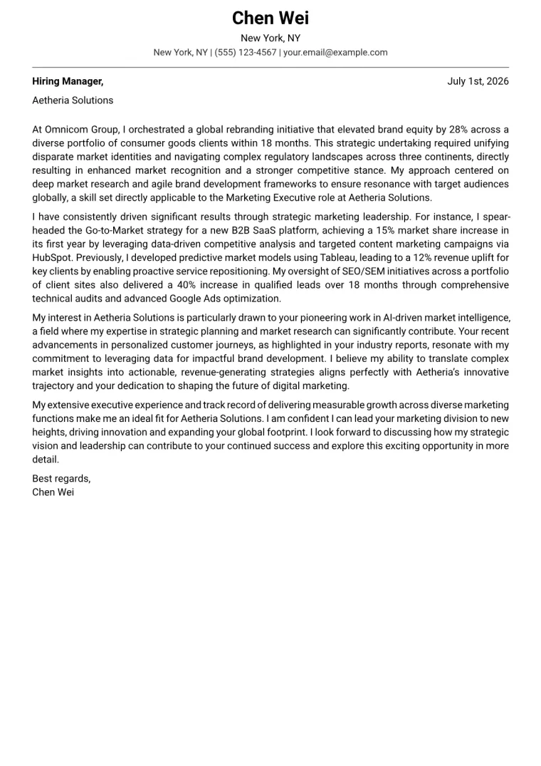 Marketing Executive Cover Letter Example