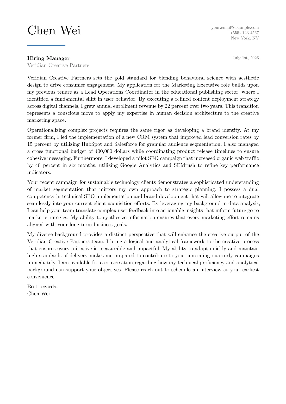 Marketing Executive cover letter in the Executive design