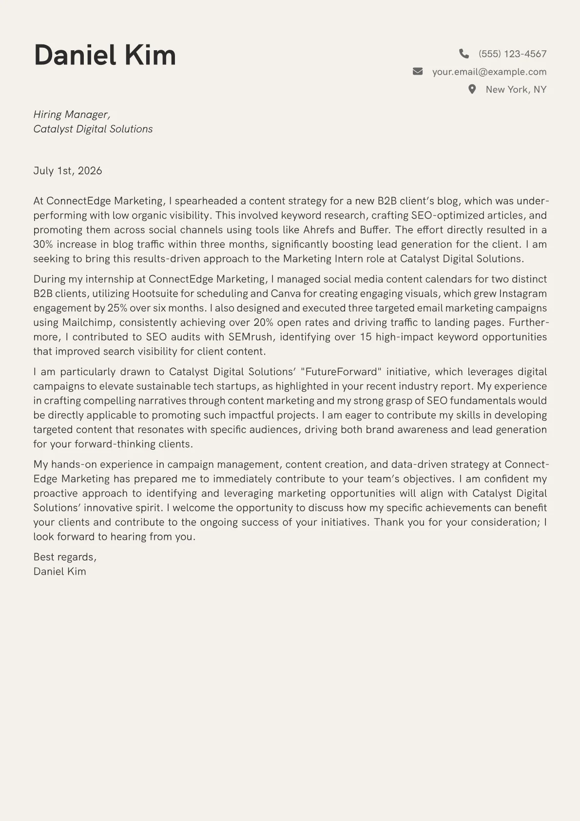 Marketing Intern cover letter formatted with a JobSprout template