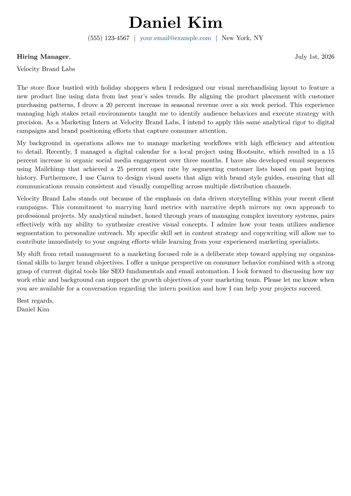 Marketing Intern cover letter in the Basic design