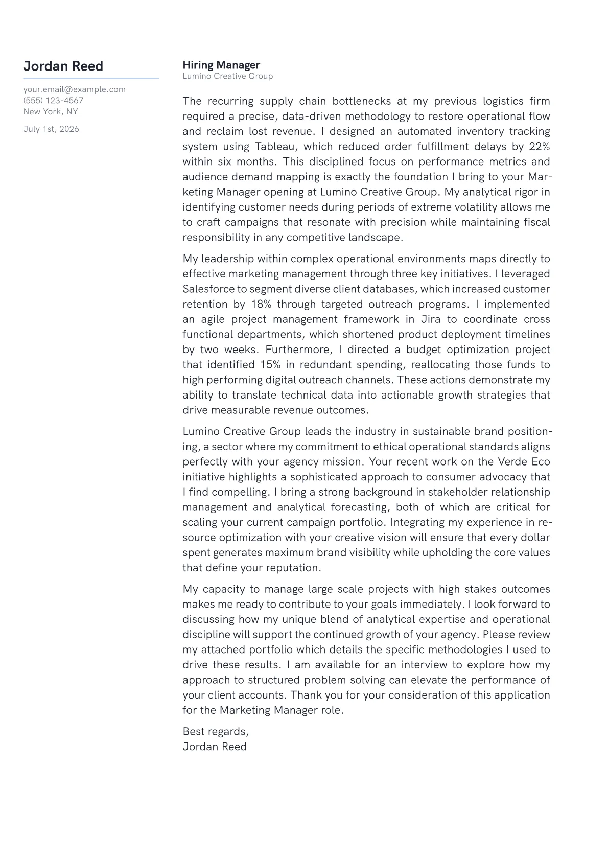 Marketing Manager cover letter in the Margin design