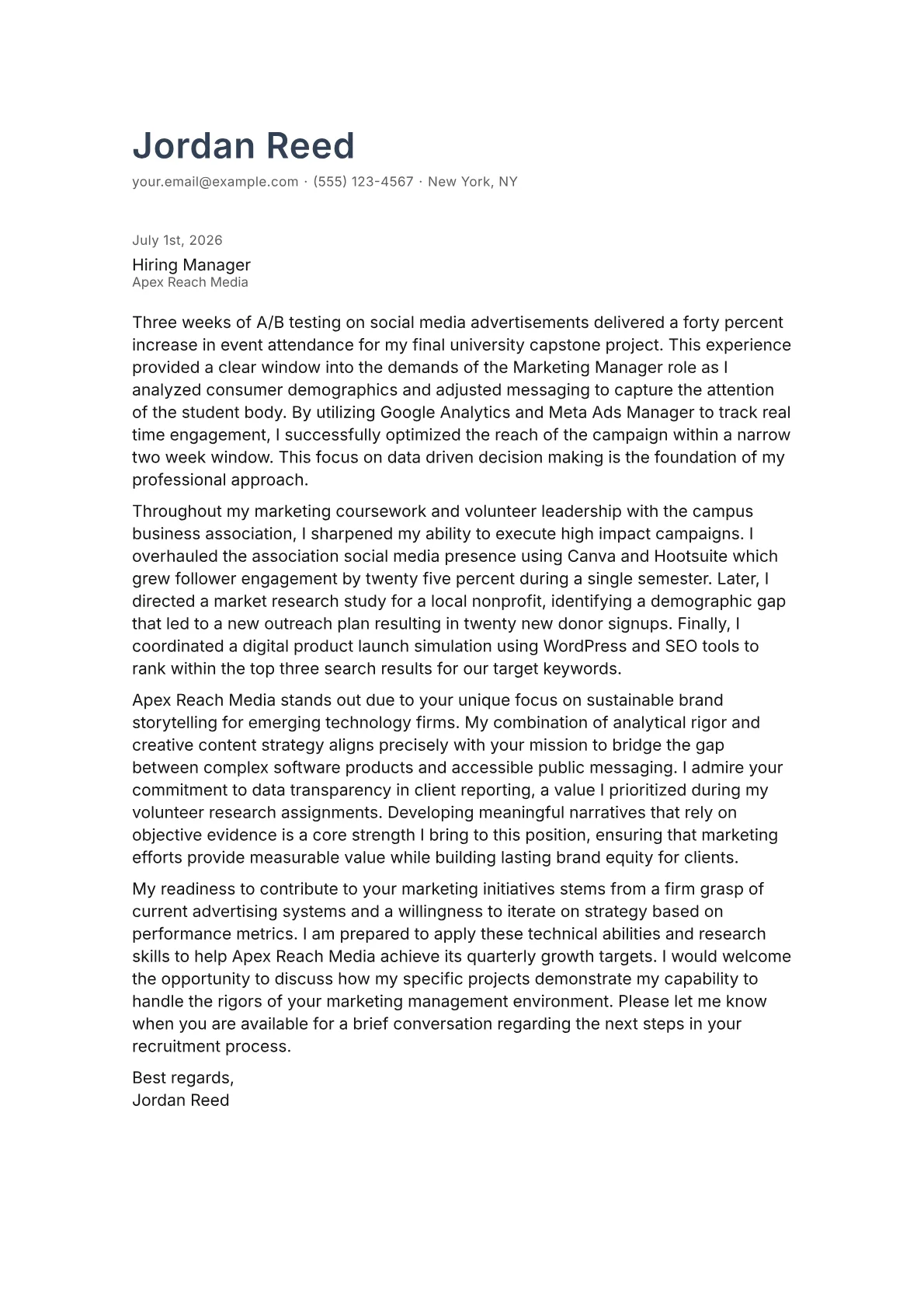Marketing Manager cover letter in the Minimal design