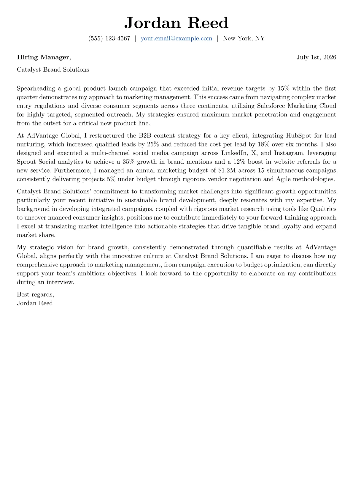 Marketing Manager cover letter formatted with a JobSprout template