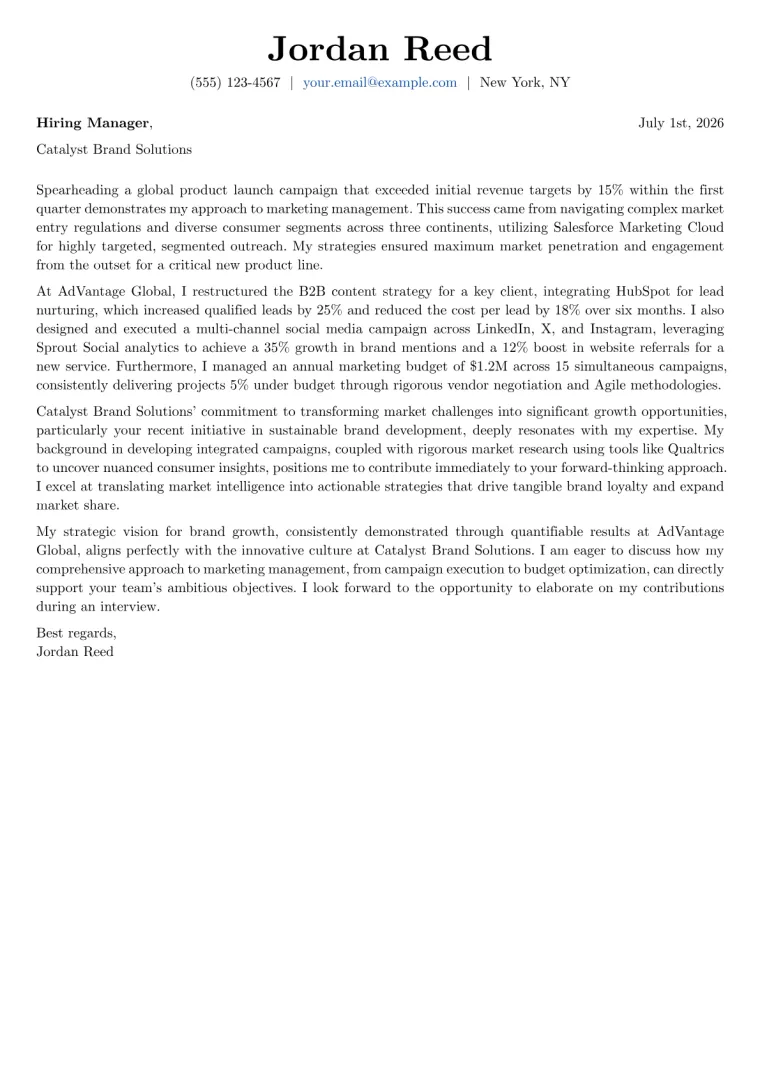 Marketing Manager Cover Letter Example