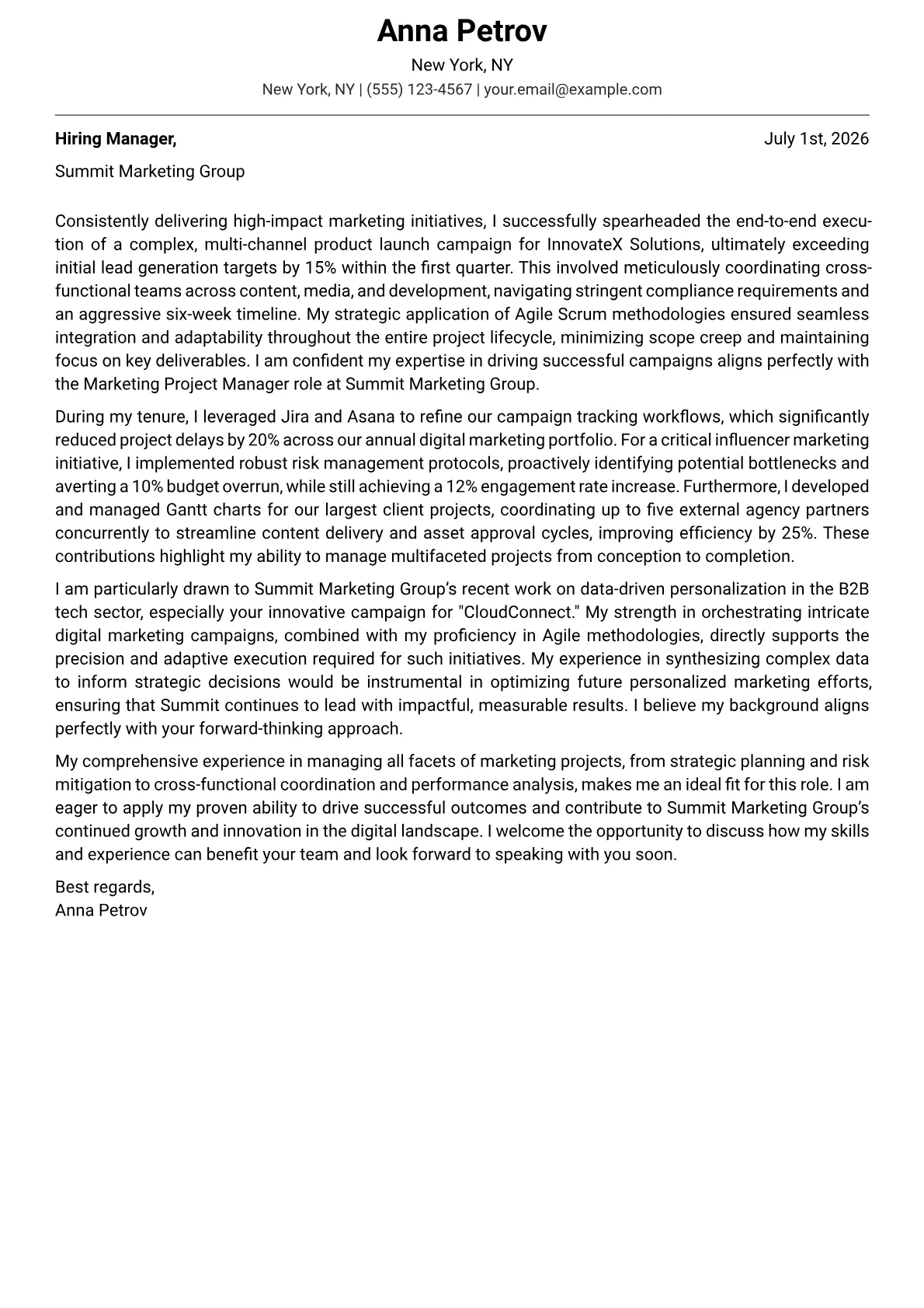 Marketing Project Manager cover letter formatted with a JobSprout template
