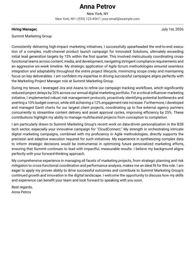 Marketing Project Manager cover letter example preview