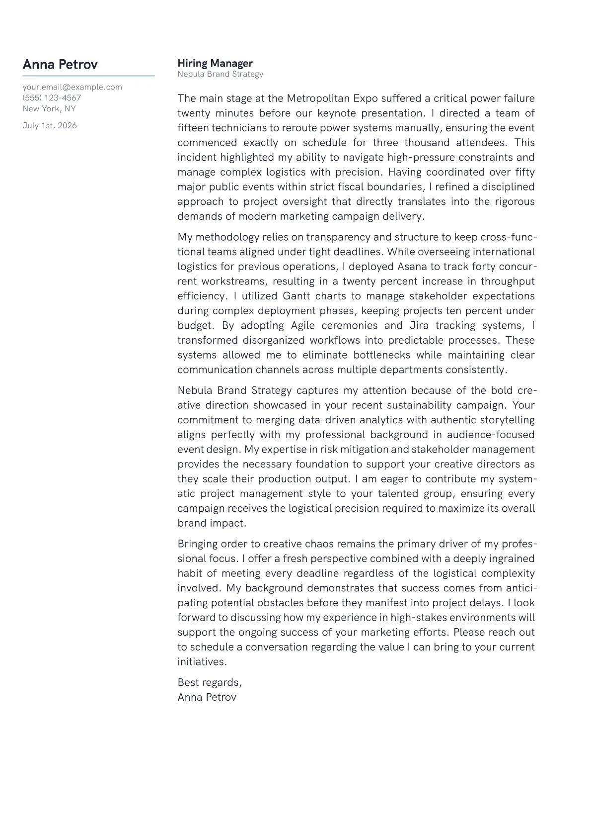Marketing Project Manager cover letter in the Margin design