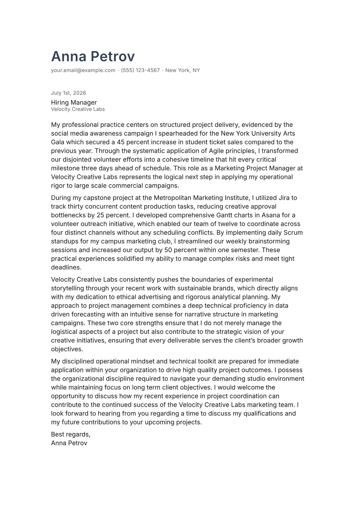 Marketing Project Manager cover letter in the Minimal design