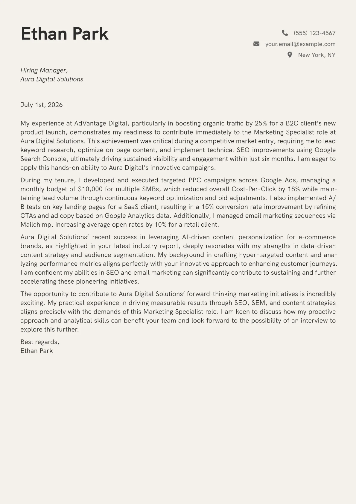 Marketing Specialist cover letter formatted with a JobSprout template