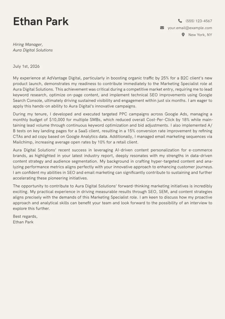 Marketing Specialist Cover Letter Example