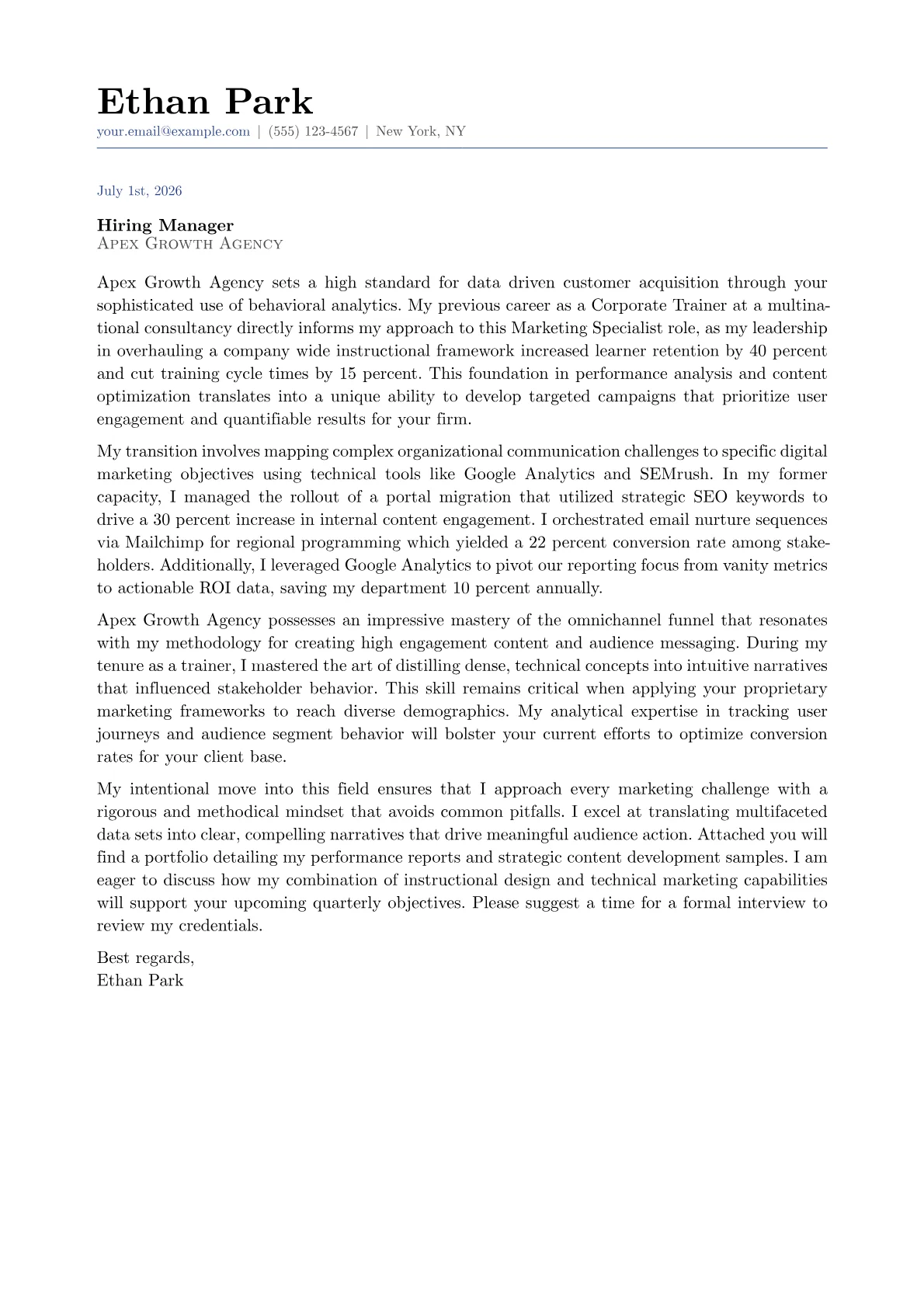 Marketing Specialist cover letter in the Classic design