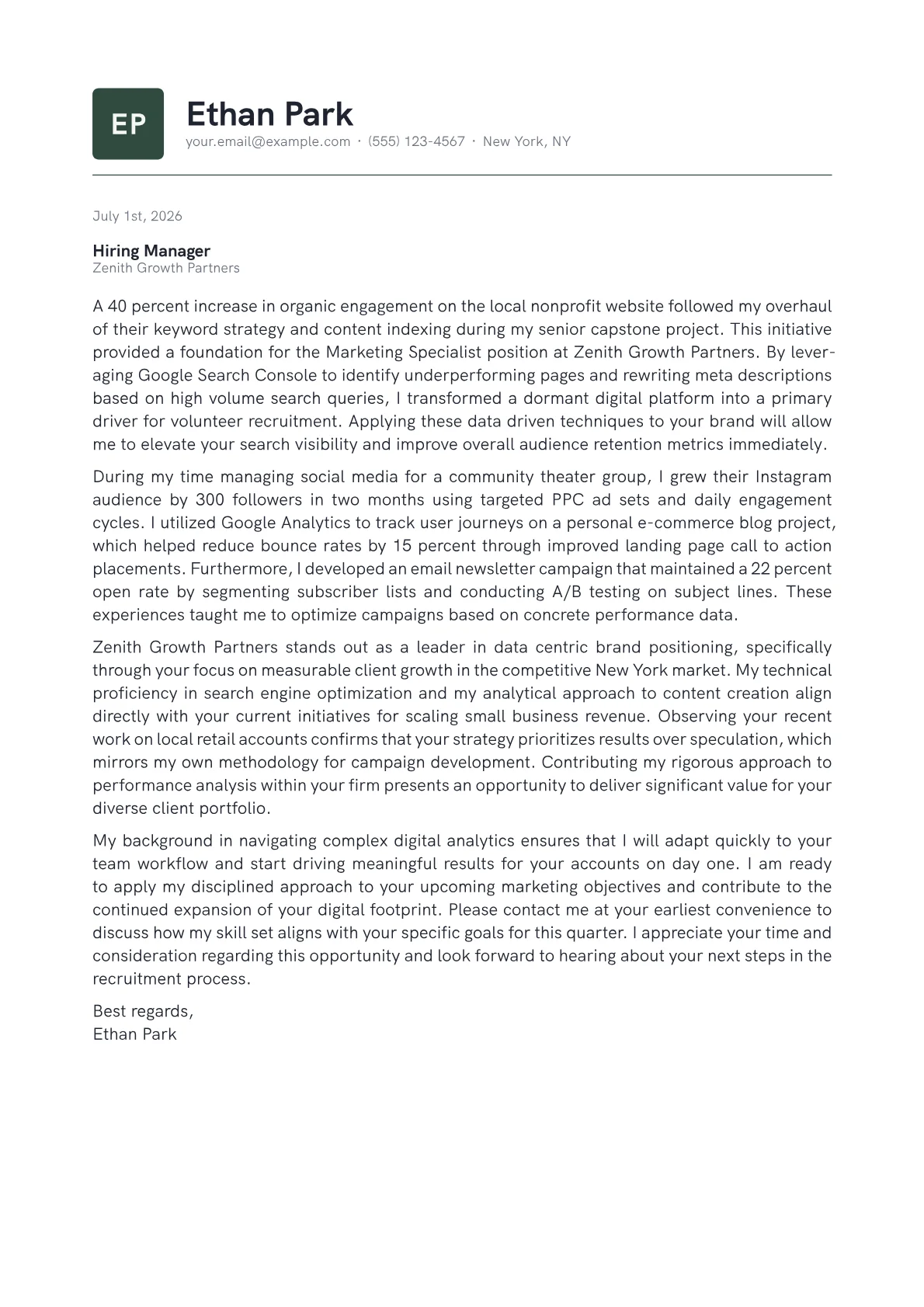 Marketing Specialist cover letter in the Emblem design