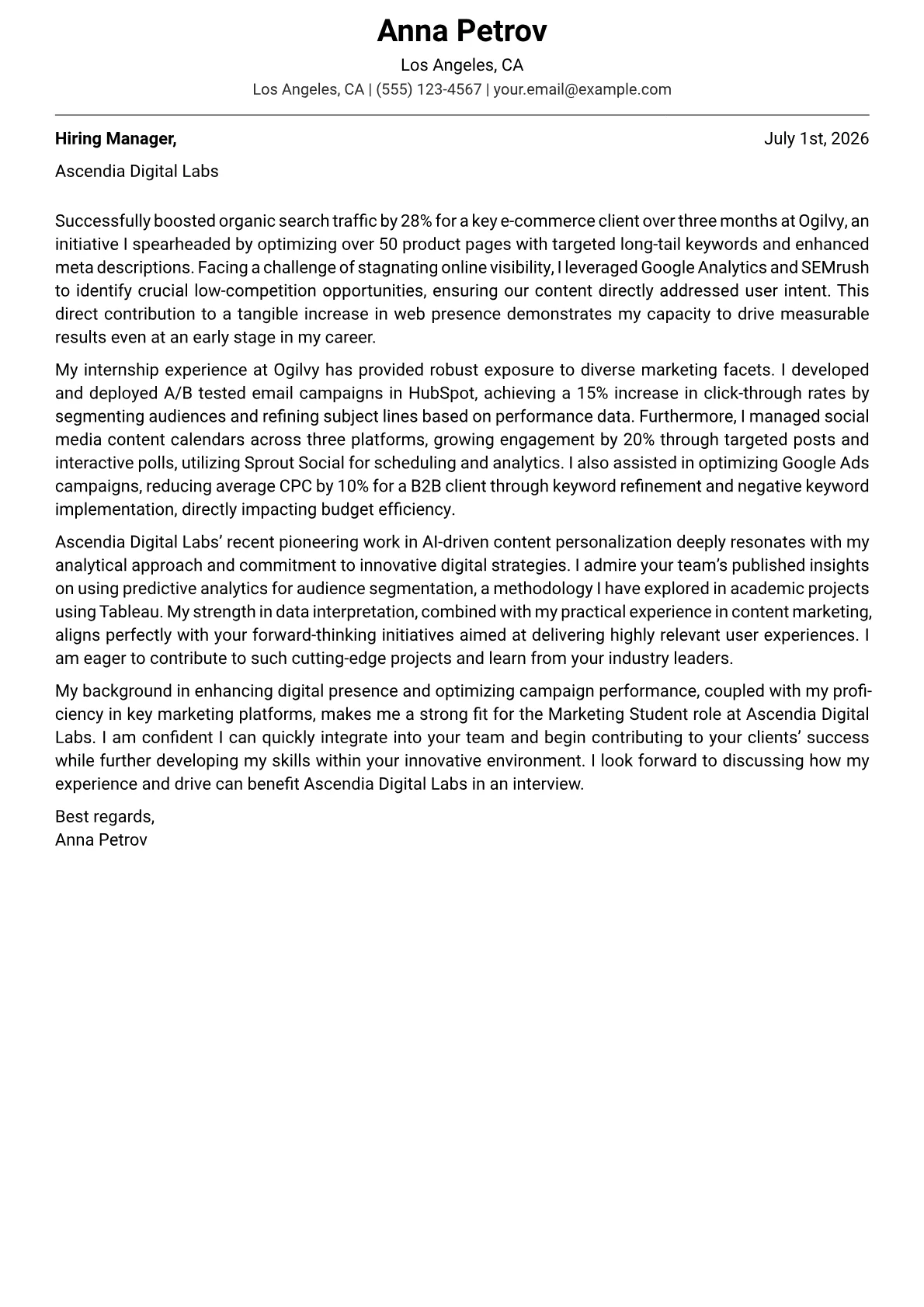 Marketing Student cover letter formatted with a JobSprout template