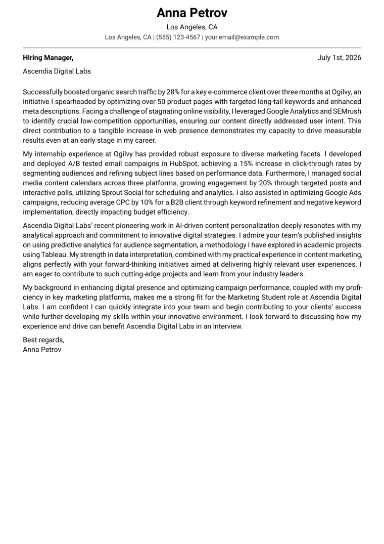 Marketing Student Cover Letter Example