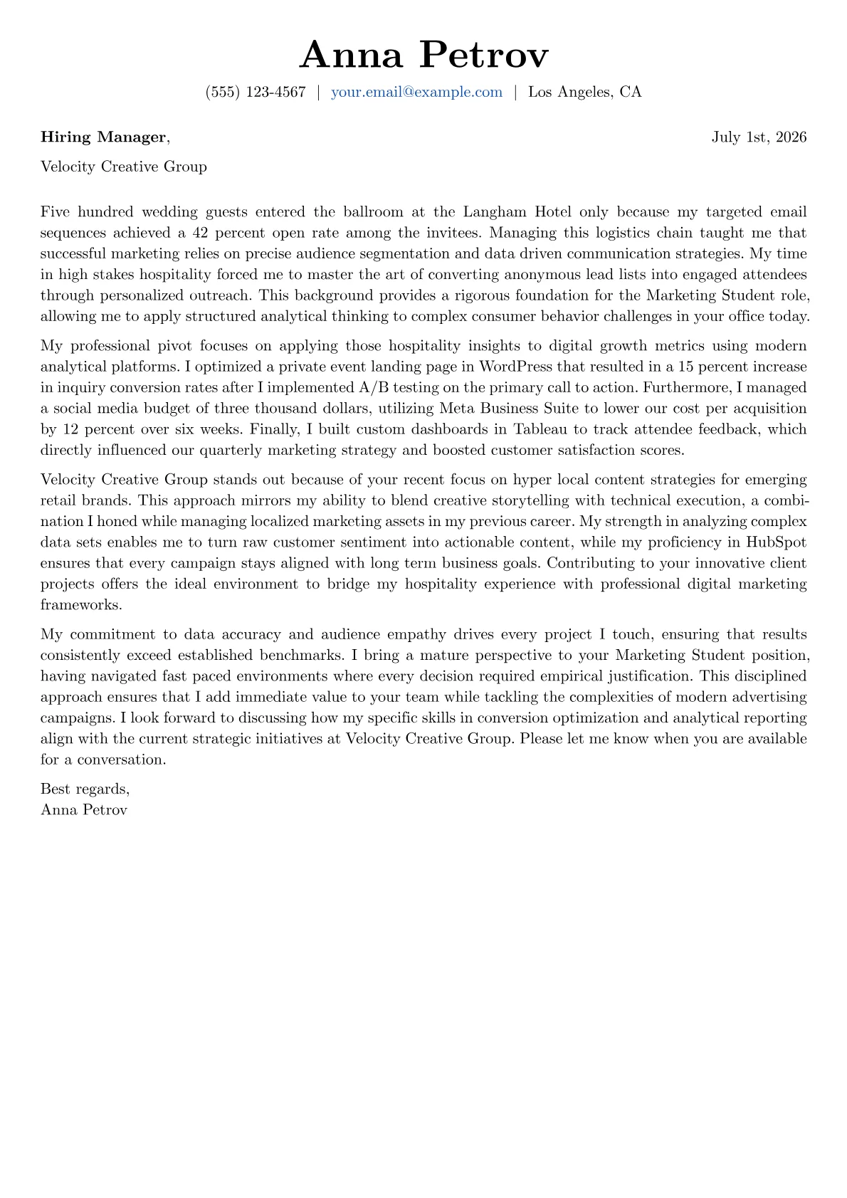 Marketing Student cover letter in the Basic design