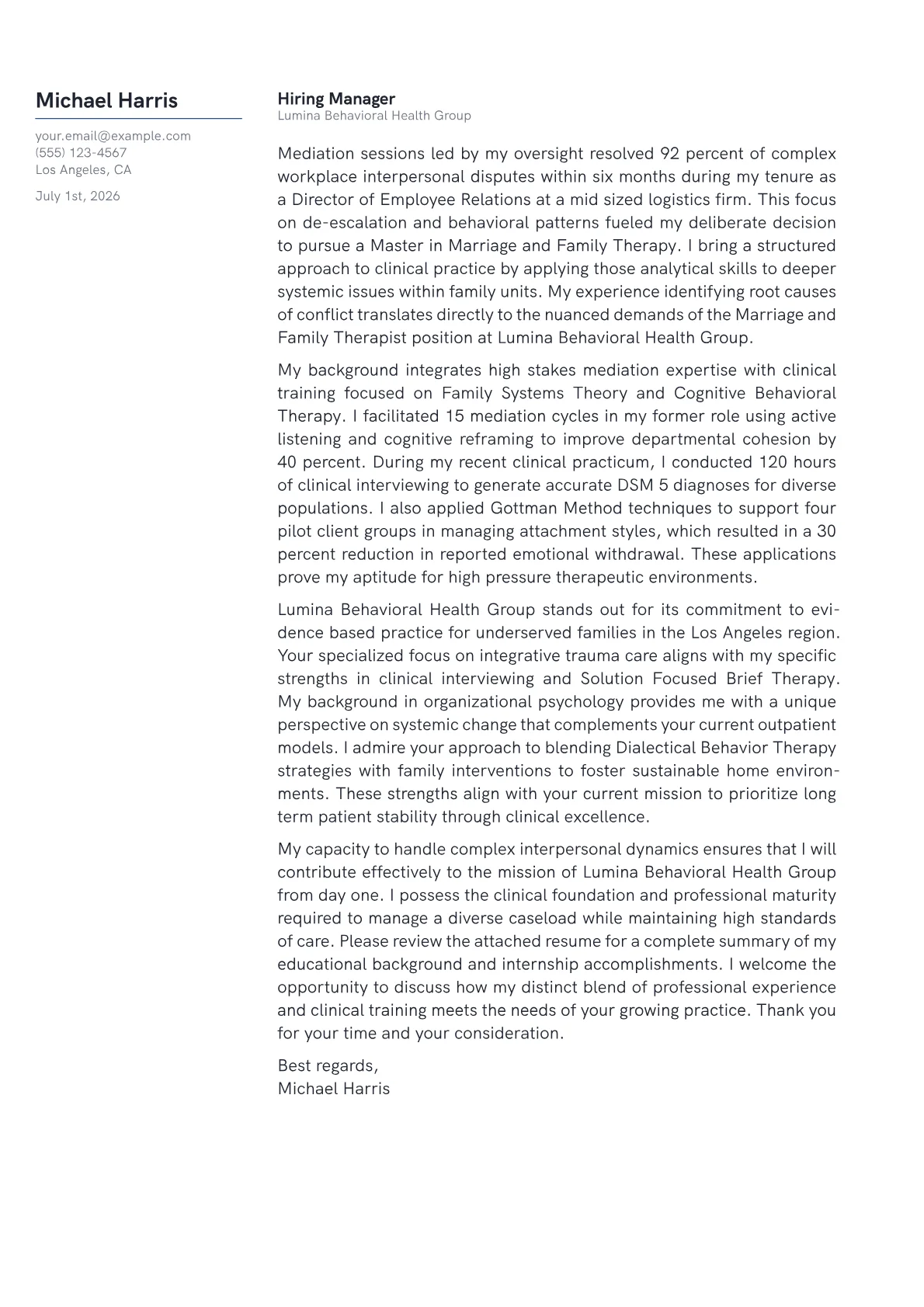 Marriage and Family Therapist cover letter in the Margin design