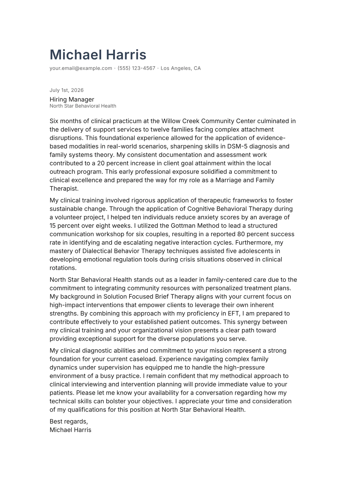 Marriage and Family Therapist cover letter in the Minimal design