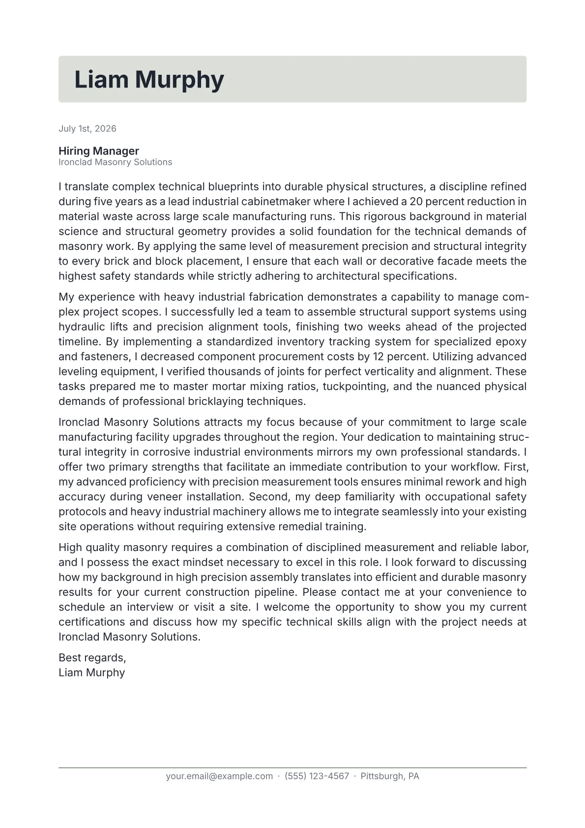 Mason cover letter in the Letterhead design