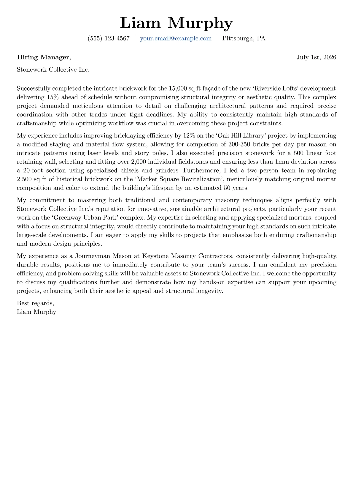 Mason cover letter formatted with a JobSprout template