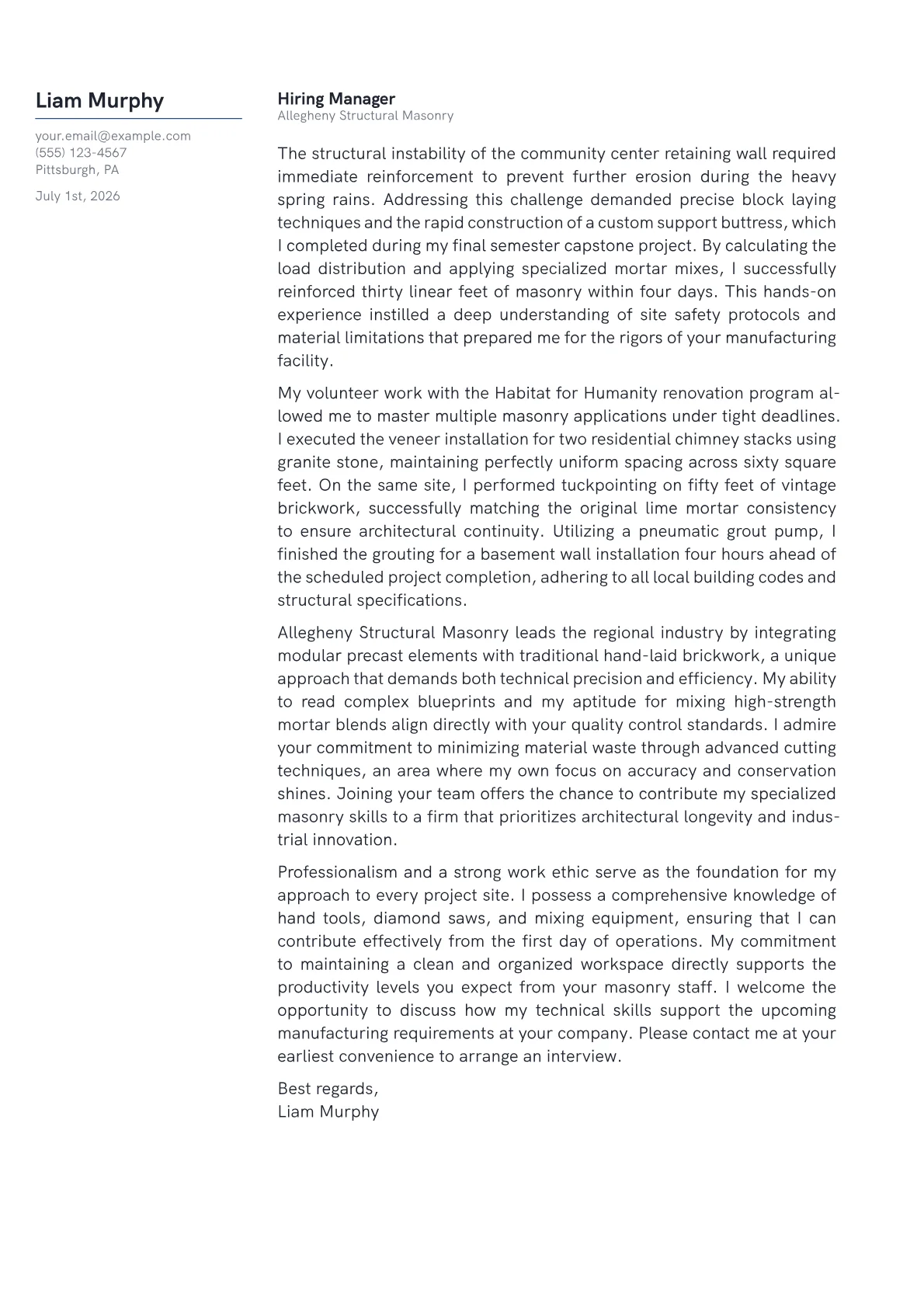 Mason cover letter in the Margin design
