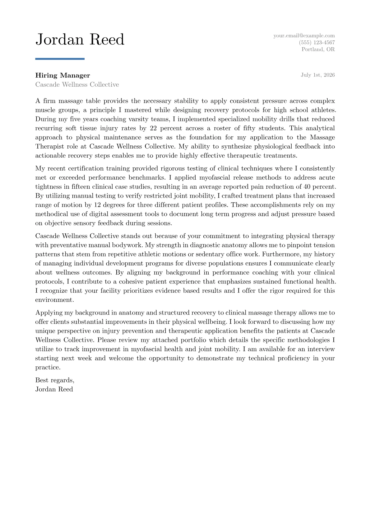 Massage Therapist cover letter in the Executive design