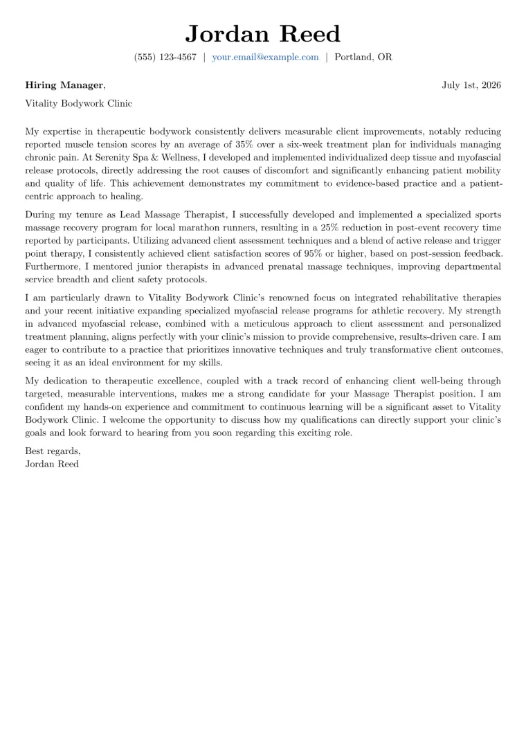 Massage Therapist Cover Letter Example