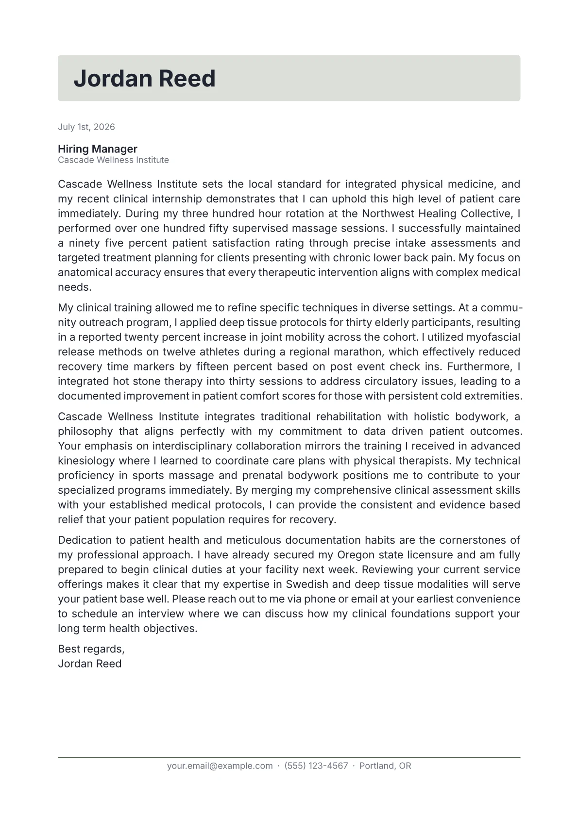 Massage Therapist cover letter in the Letterhead design