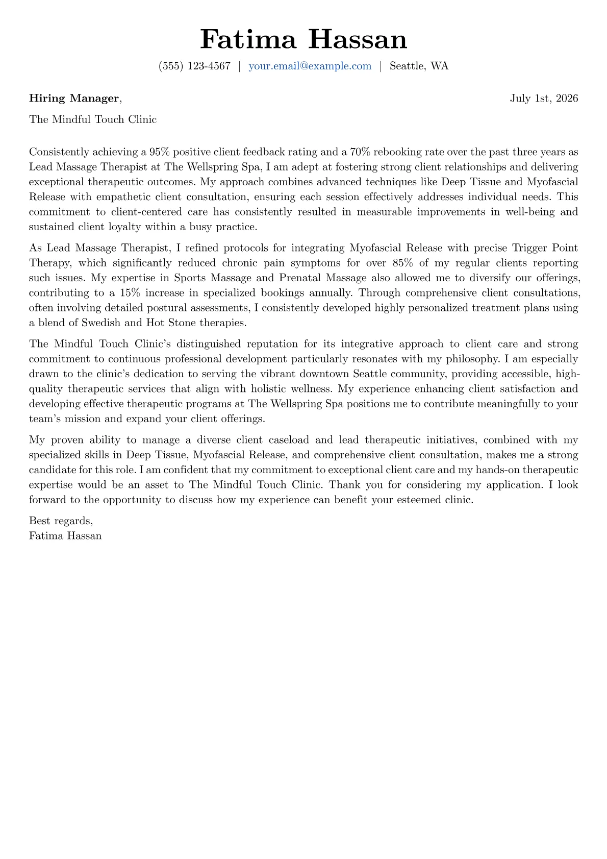 Massage Therapy cover letter formatted with a JobSprout template