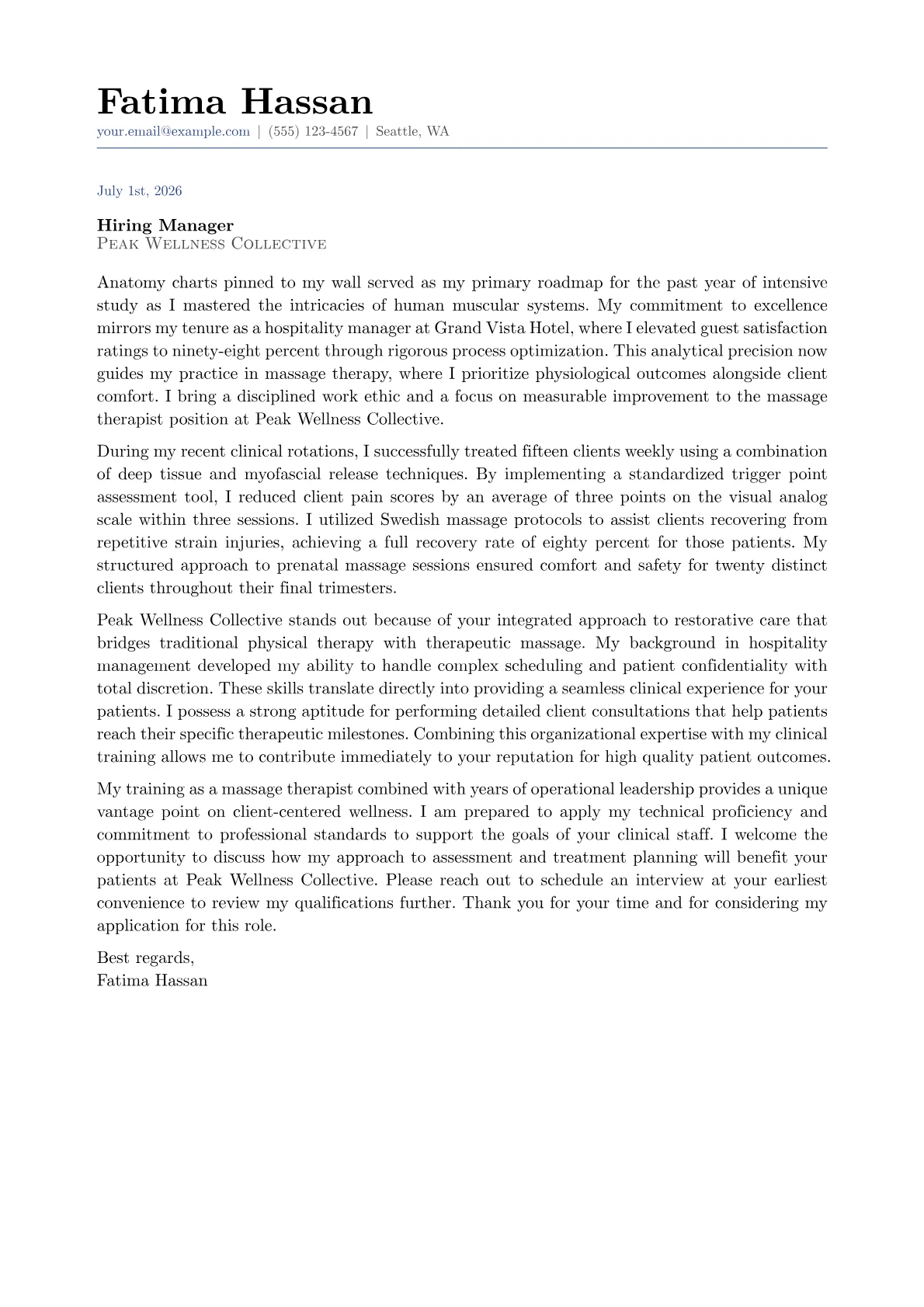Massage Therapy cover letter in the Classic design