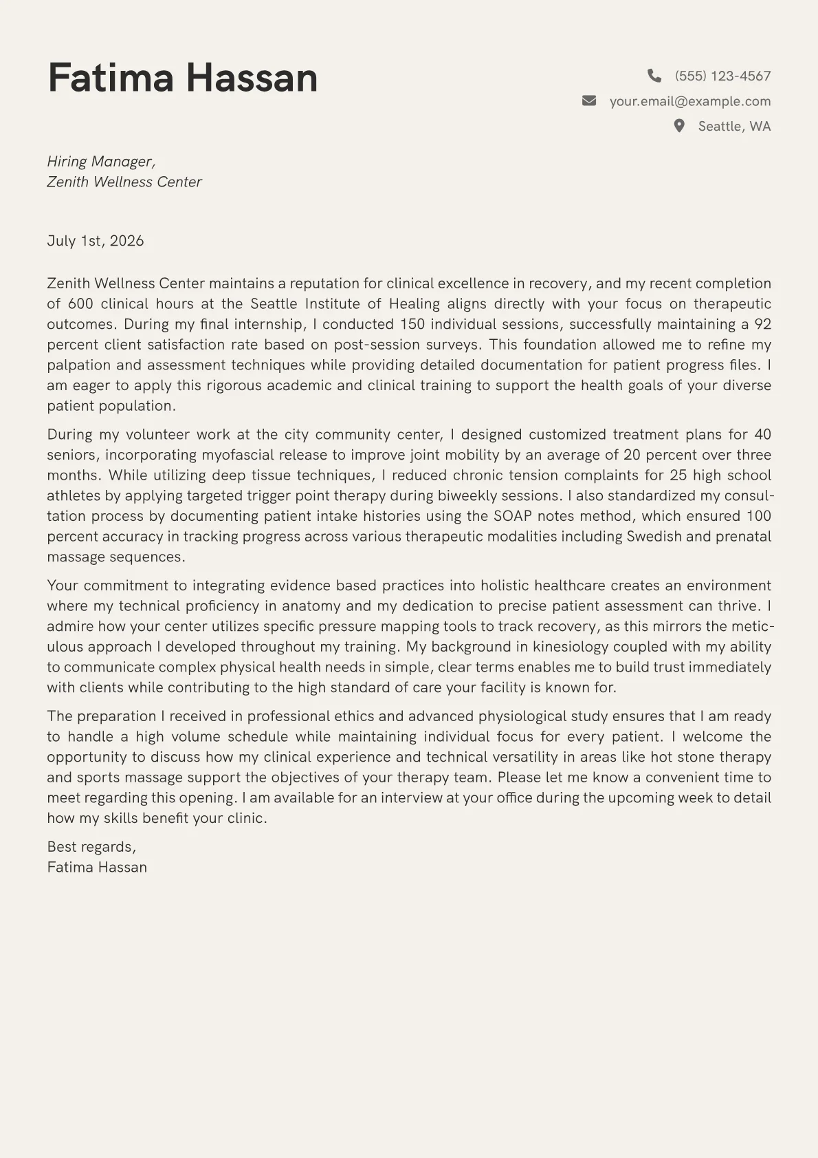 Massage Therapy cover letter in the Creative design
