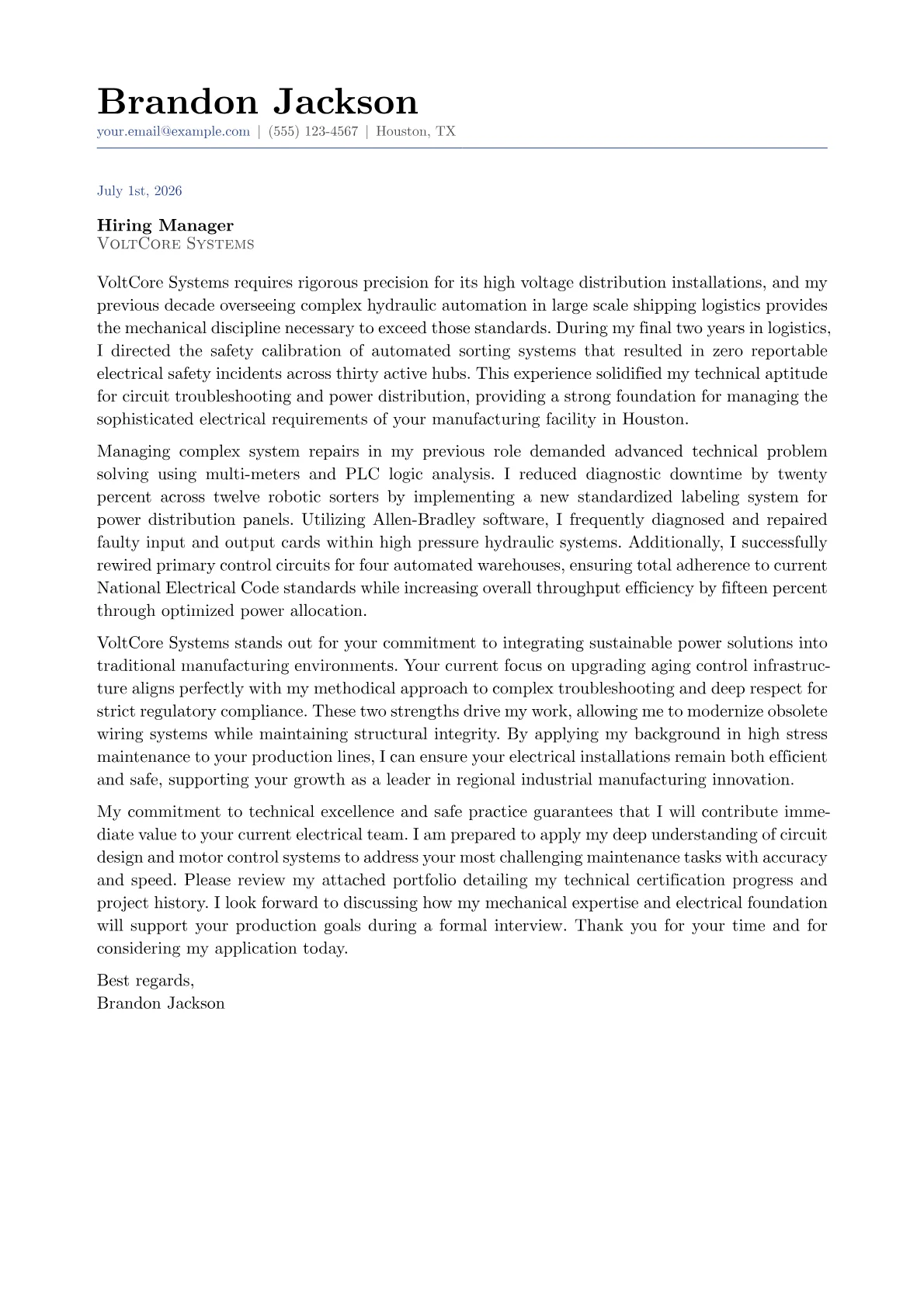 Master Electrician cover letter in the Classic design