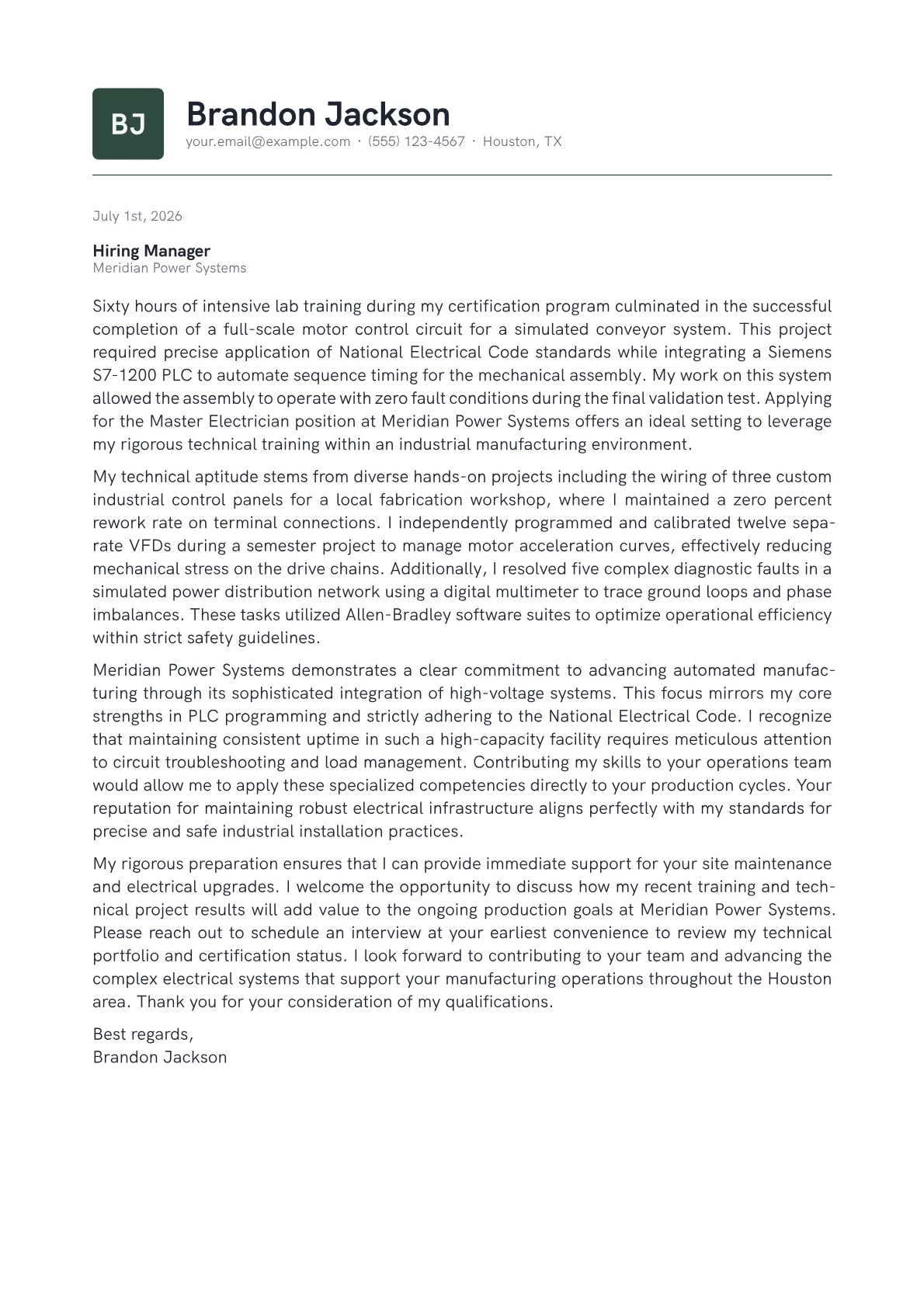 Master Electrician cover letter in the Emblem design