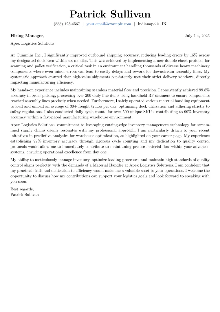 Material Handler Cover Letter Example