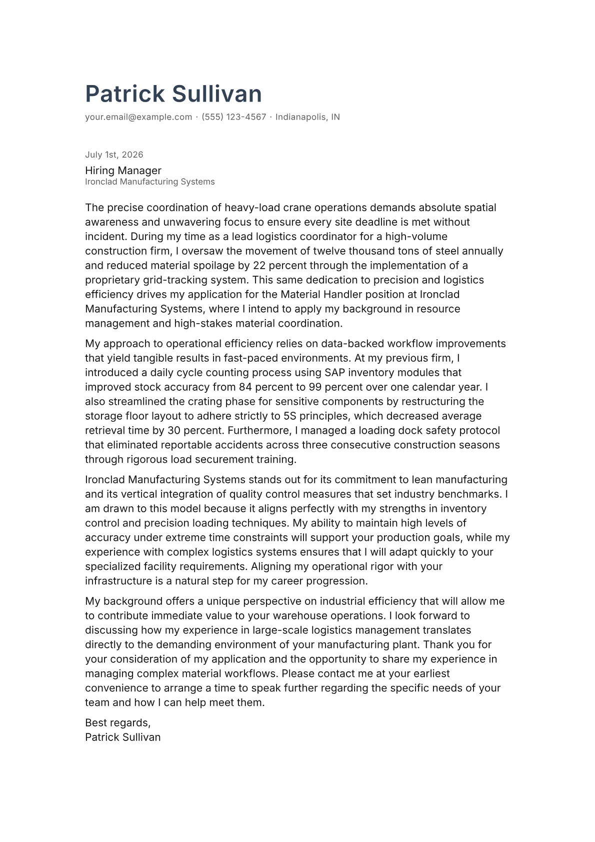 Material Handler cover letter in the Minimal design