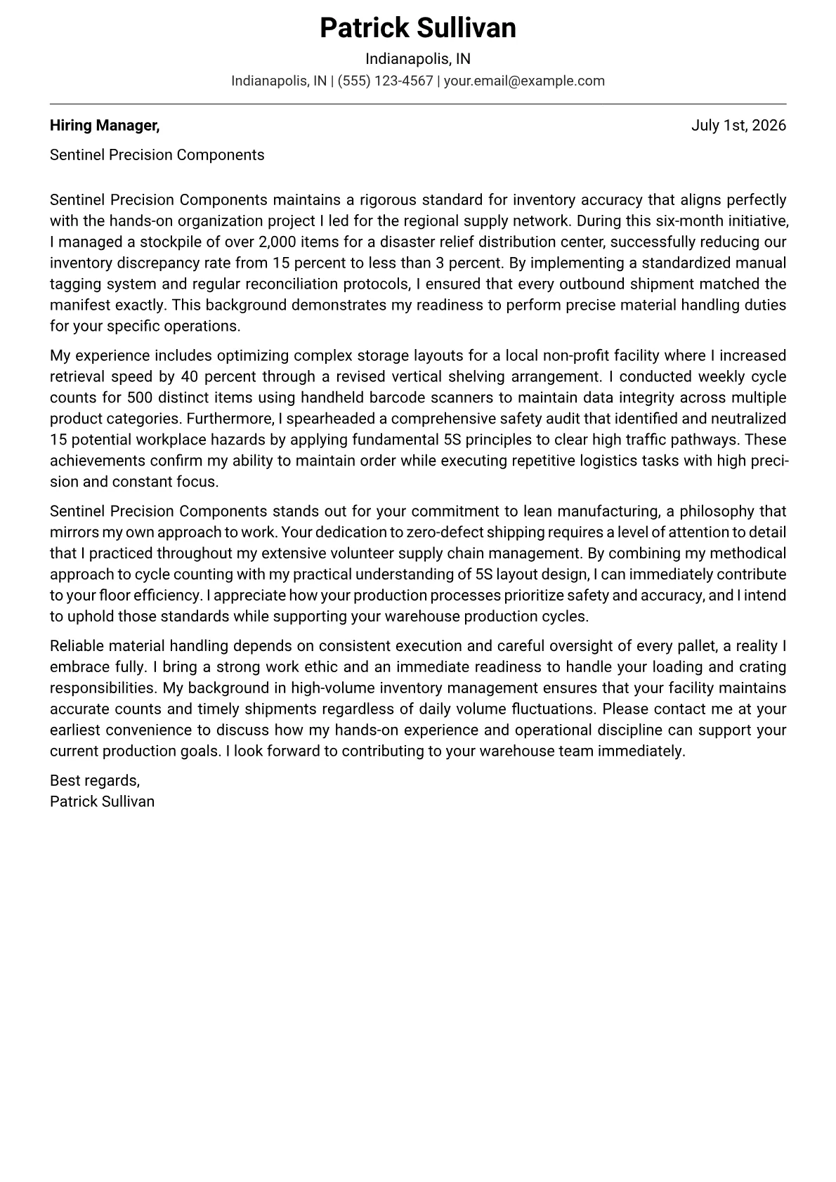 Material Handler cover letter in the Modern design