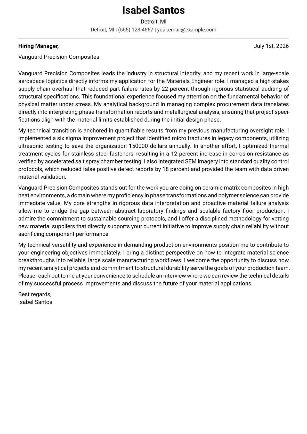 Materials Engineer cover letter in the Modern design
