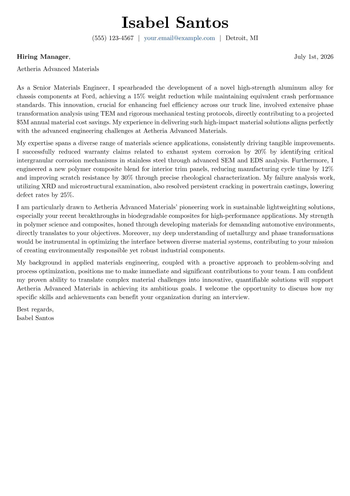 Materials Engineer cover letter formatted with a JobSprout template