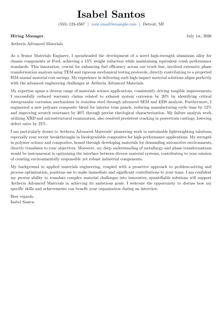 Materials Engineer cover letter example preview