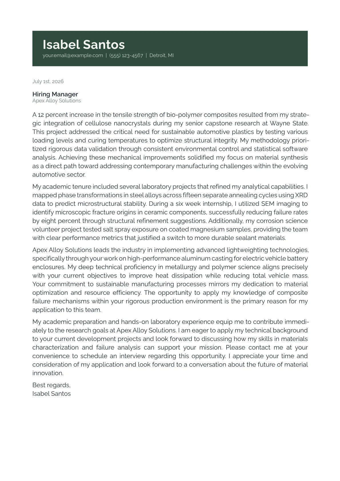 Materials Engineer cover letter in the Banner design