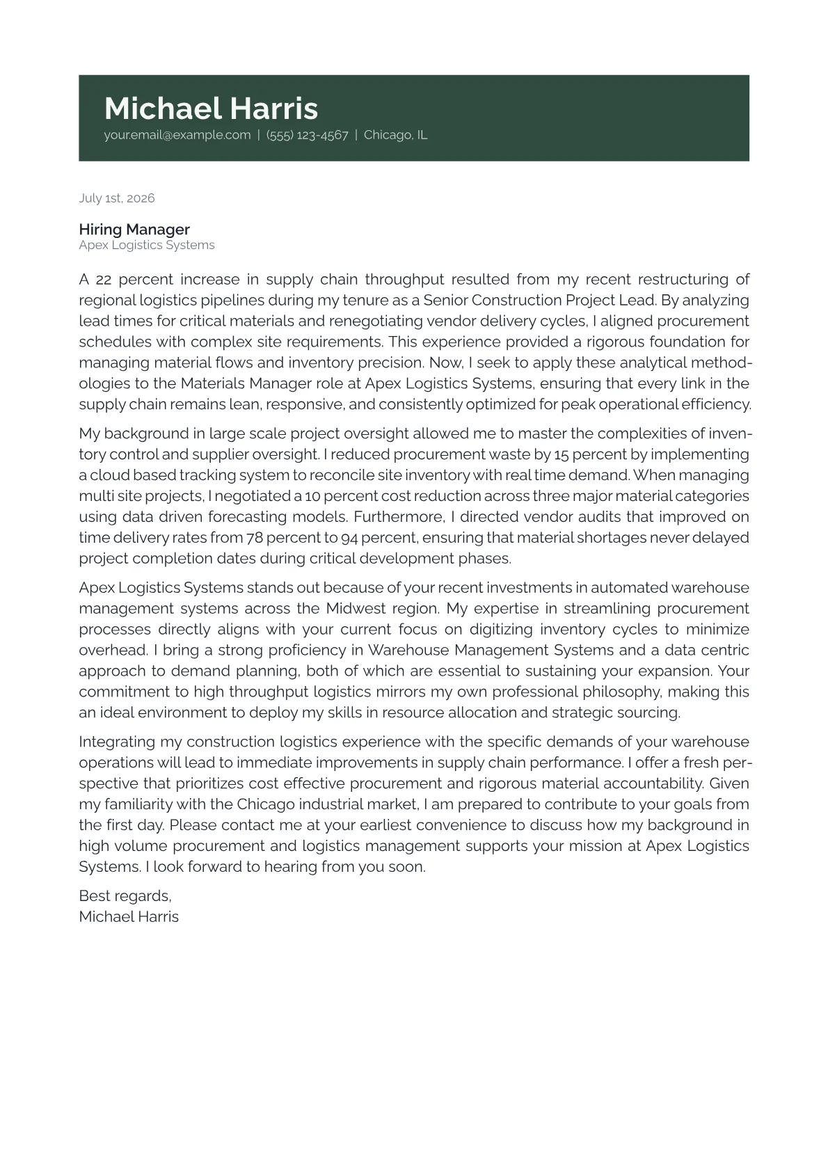 Materials Manager cover letter in the Banner design
