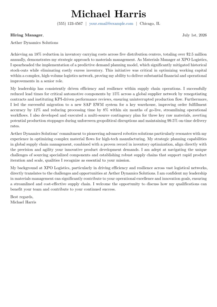 Materials Manager cover letter example preview