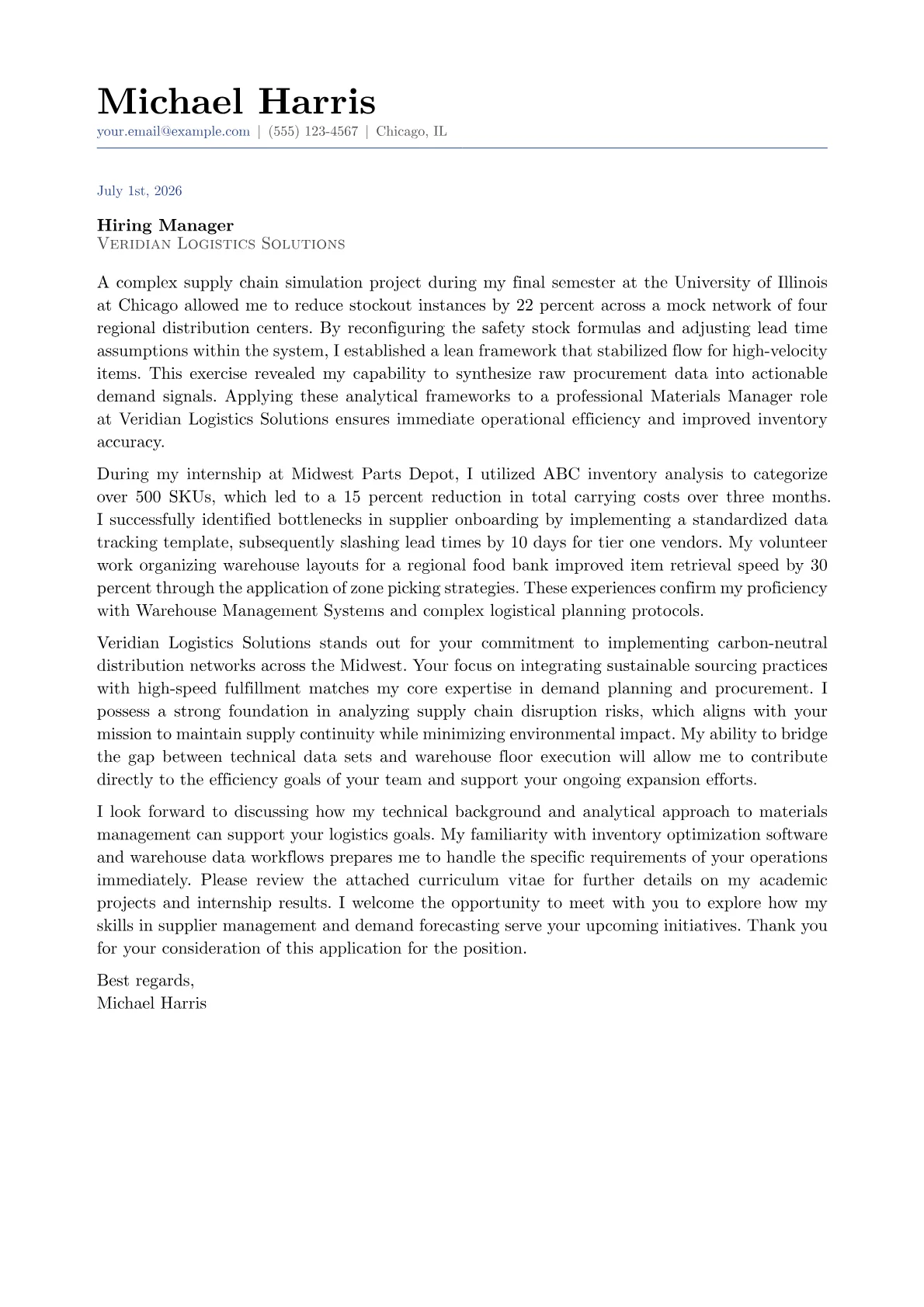 Materials Manager cover letter in the Classic design